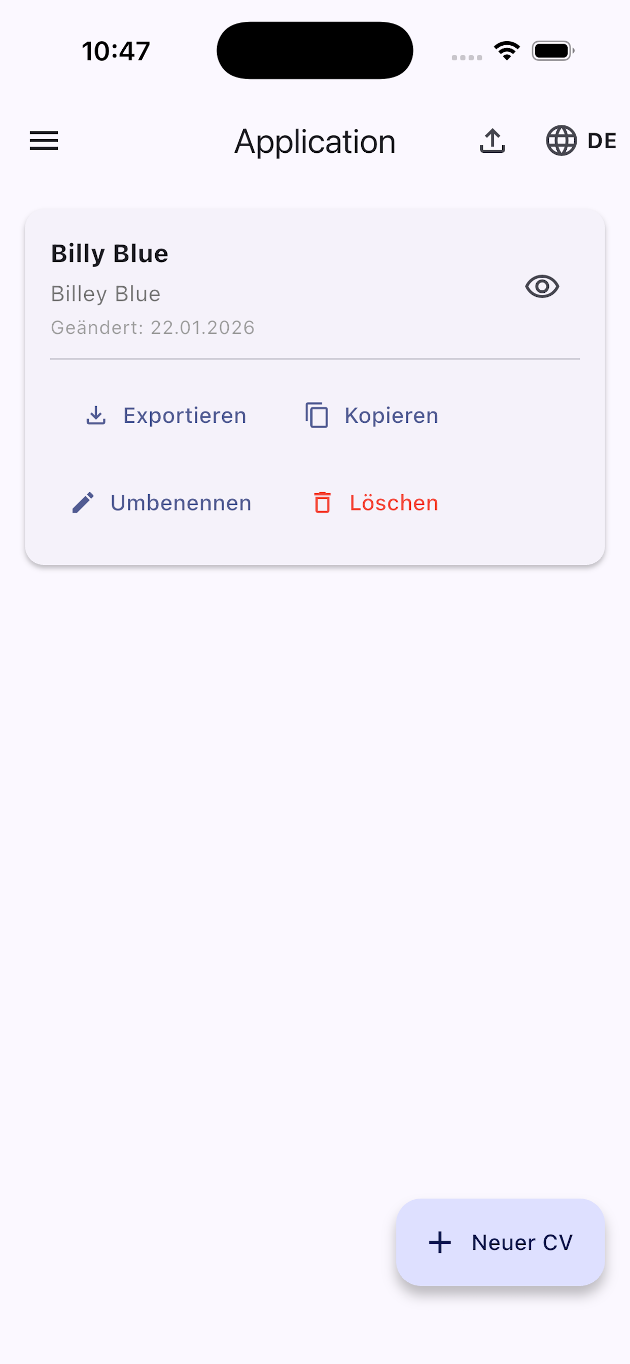 CV Application Startseite
